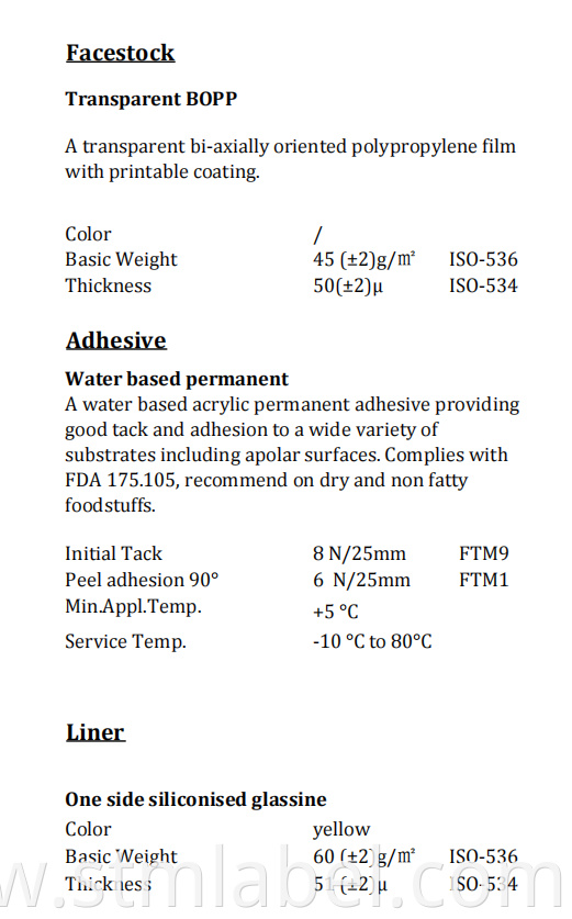 Transparent Bopp Tc Water Based Permanent Yellow Glassine